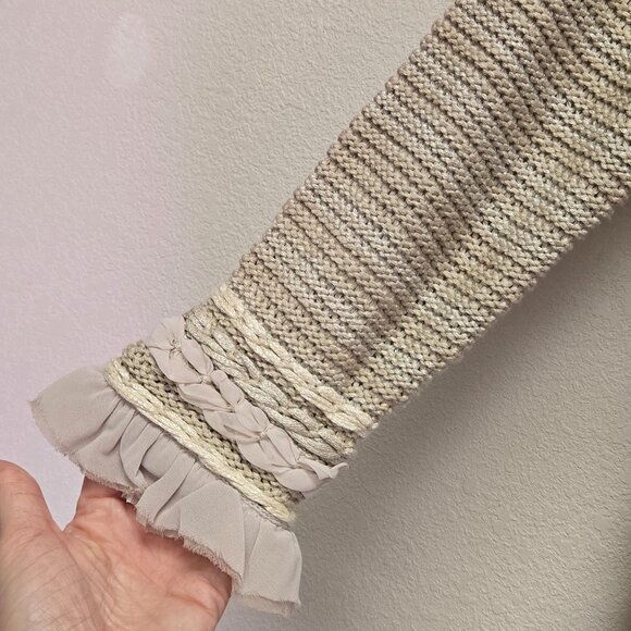 Chicos Ravishing Ruffles Open Front Cardigan Cream Metallic Striped Knit 0 / S / - Picture 7 of 10